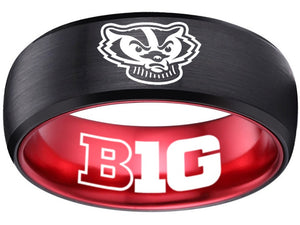 Wisconsin Badgers Ring Badgers Logo Ring Black and Red Wedding Band #badgers